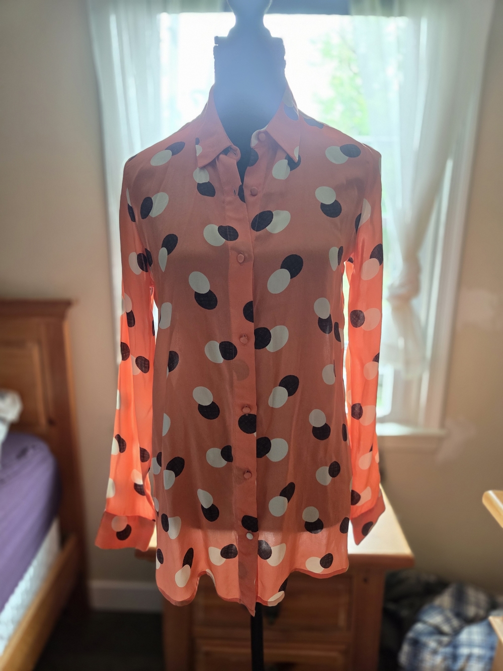 Peach Polka Dot Button-Front Blouse. 100% Silk